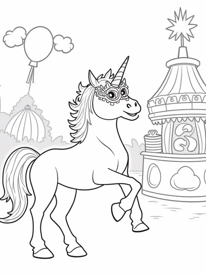 A coloring page of Unicorn at the carnival