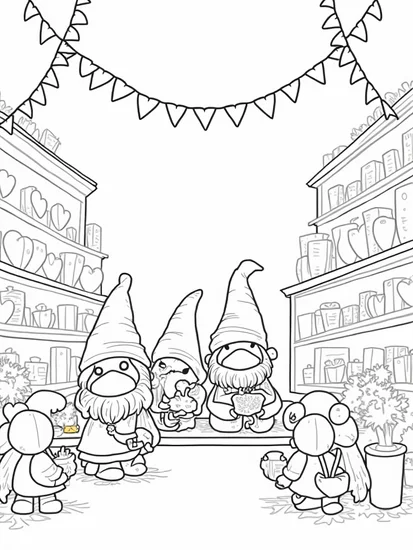 A coloring page of Love gnomes making gifts