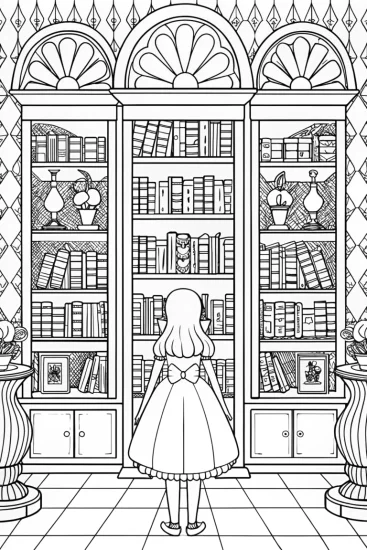 A coloring page of Alice in the magical library