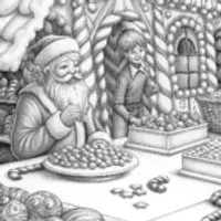 Santa and elves in candy workshop