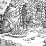 Santa and elves in candy workshop