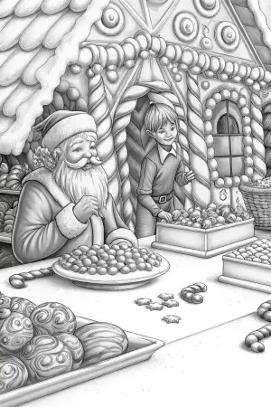 Santa and elves in candy workshop coloring pages