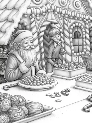 Santa and elves in candy workshop coloring pages