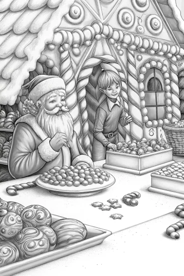 A coloring page of Santa and elves in candy workshop