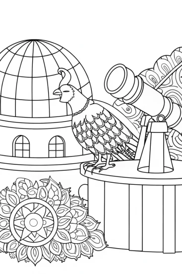 A coloring page of Turkey exploring an observatory