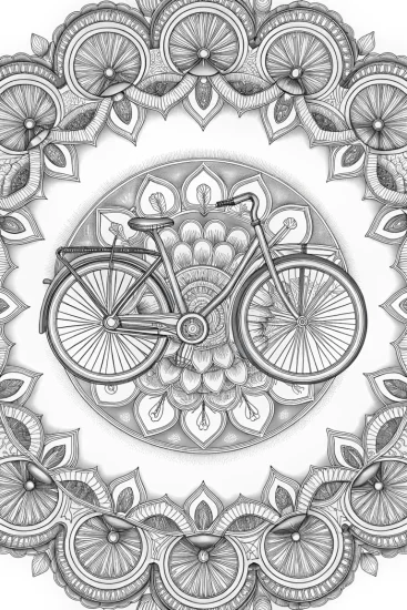 A coloring page of Bicycle in a mandala