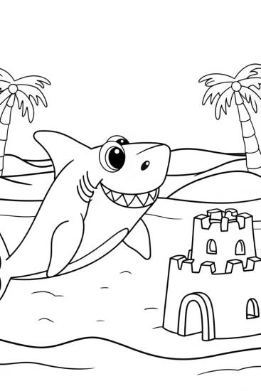 A coloring page of Shark sandcastle building fun
