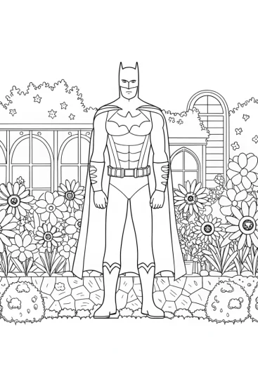 A coloring page of Batman in the magical garden