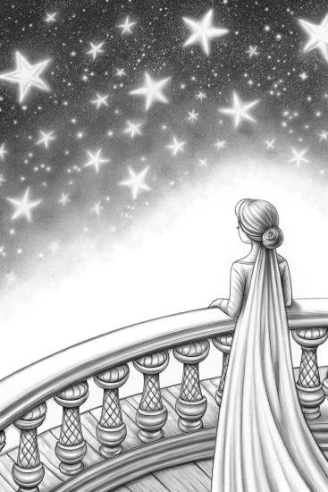 A coloring page of Elsa gazing at the starry sky