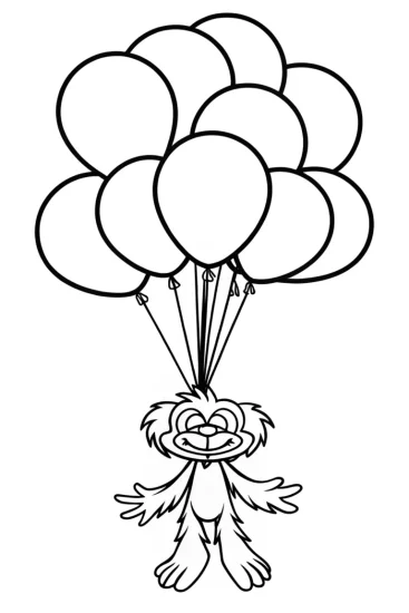 A coloring page of Huggy Wuggy floating with balloons
