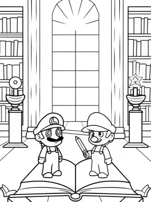 Mario and Luigi in enchanted library coloring pages