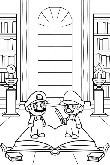 A coloring page of Mario and Luigi in enchanted library
