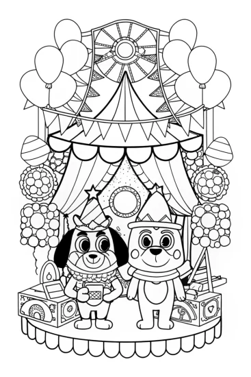A coloring page of Bluey and Bingo’s music festival