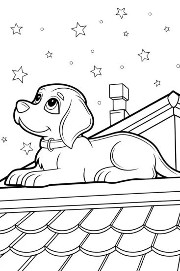 A coloring page of Puppy stargazer on a rooftop