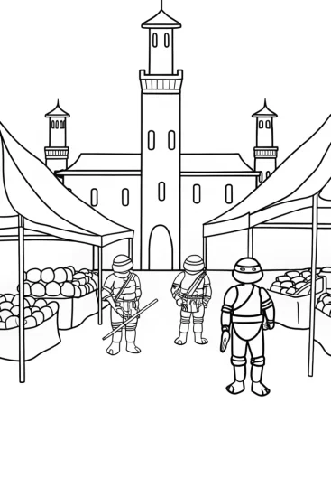 A coloring page of Teenage Mutant Ninja Turtles in a marketplace