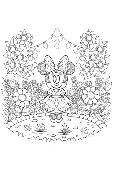 A coloring page of Minnie Mouse in a magical garden