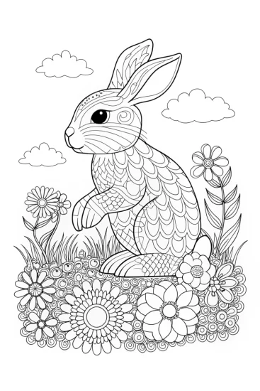 A coloring page of Rabbit planting flowers in the sky