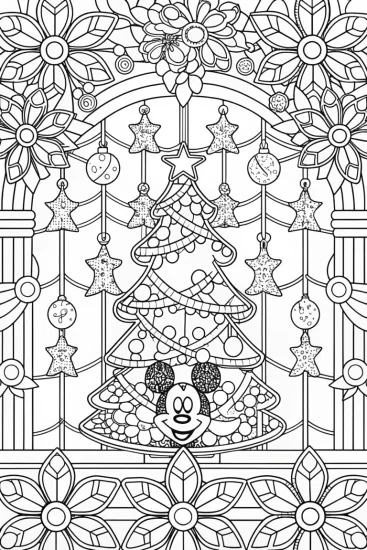 A coloring page of Mickey Mouse inside a Christmas tree