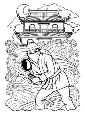 Ninja detective exploring clues coloring pages