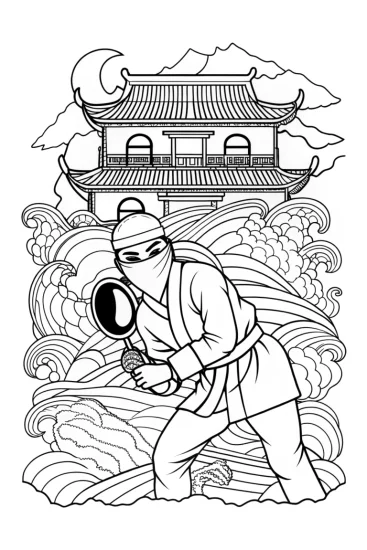 A coloring page of Ninja detective exploring clues