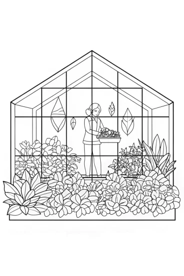A coloring page of Spider botanist in a greenhouse
