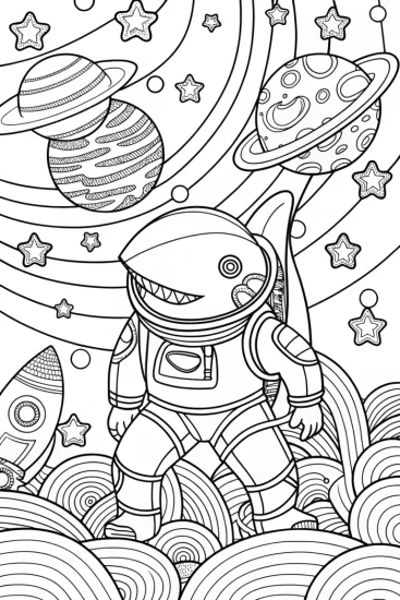 A coloring page of Shark astronaut exploring space