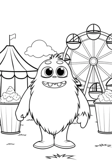 A coloring page of Monster at the quirky fairground