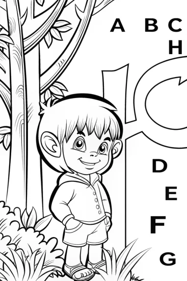 A coloring page of Alphabet explorers in the jungle