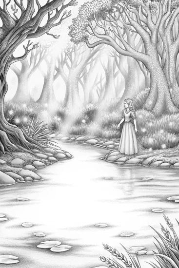 A coloring page of Princess exploring a mystical lake