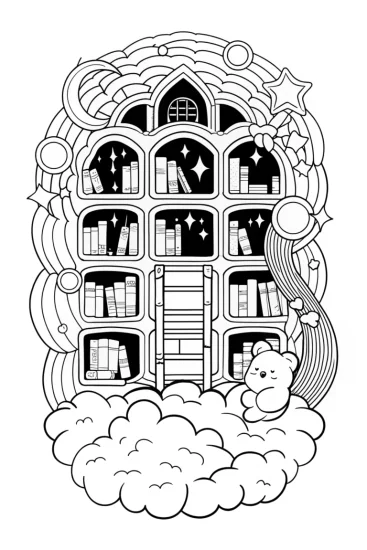 A coloring page of Care Bears exploring a dream library
