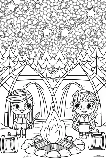 A coloring page of Bratz dolls camping under stars