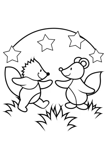 A coloring page of Woodland creatures dancing