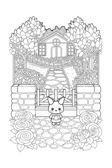 A coloring page of Kuromi in the garden maze