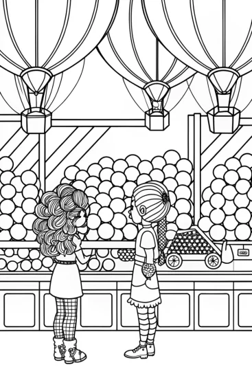 A coloring page of Rainbow High students in a balloon factory