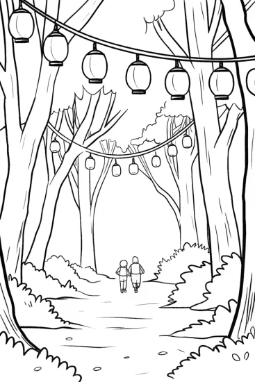 A coloring page of Woodland Lantern Festival