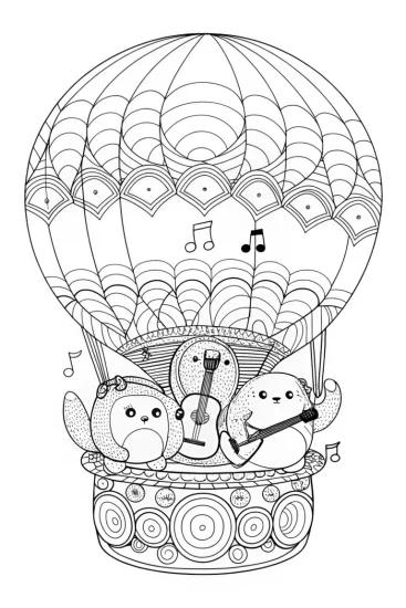 A coloring page of Squishmallows on a music journey