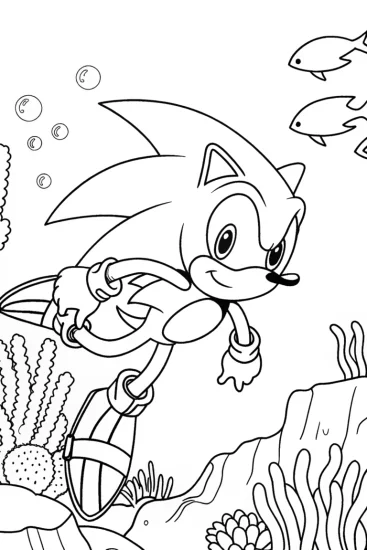 A coloring page of Sonic swimming in an underwater garden