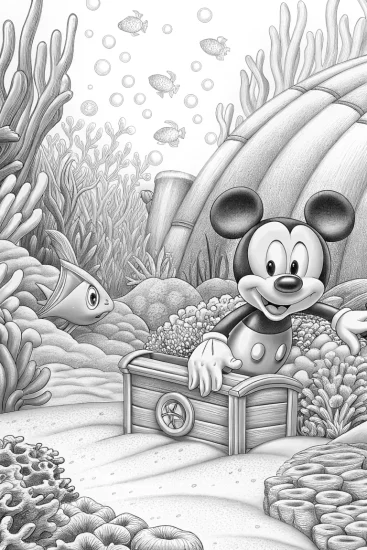 A coloring page of Mickey Mouse underwater treasure garden