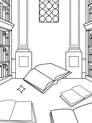 Floating books in a magical library coloring pages