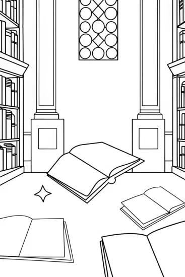 A coloring page of Floating books in a magical library