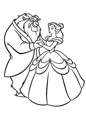 A coloring page of Beast painting with Belle
