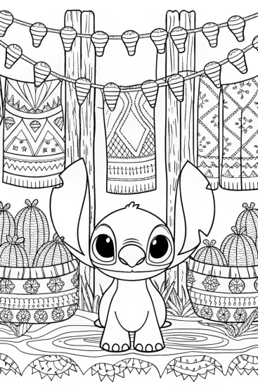 A coloring page of Stitch exploring a fabric forest