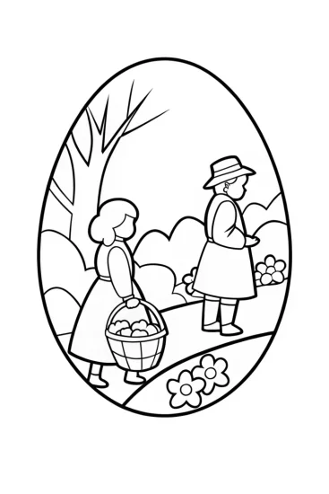 A coloring page of Children on a historical egg hunt