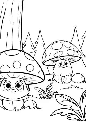 A coloring page of Mushroom guardians in a forest