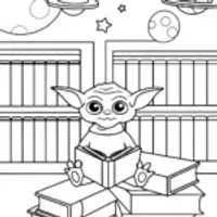Baby Yoda in a cosmic library