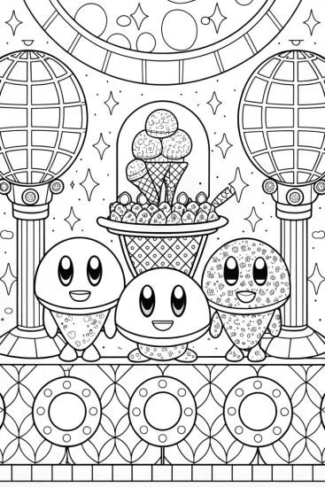 A coloring page of Kirby serving ice cream to aliens