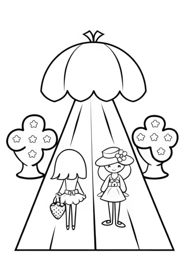 A coloring page of Strawberry Shortcake fashion show
