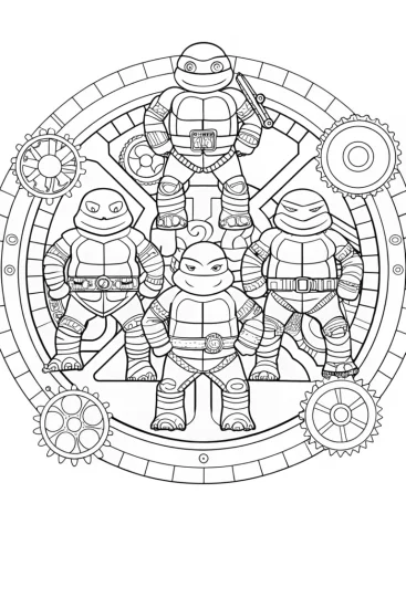 A coloring page of Ninja Turtles in a time machine