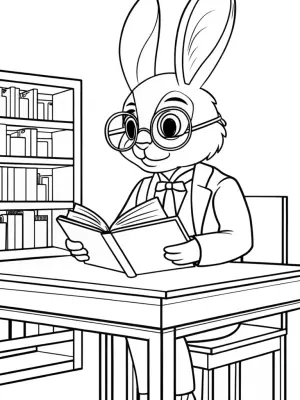 Rabbit librarian reading in the library coloring pages