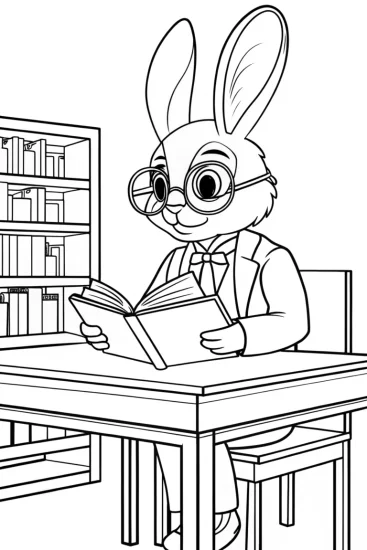 A coloring page of Rabbit librarian reading in the library